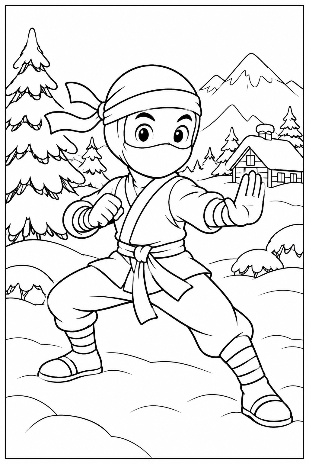 Ninja in the snow — More details — printable coloring page