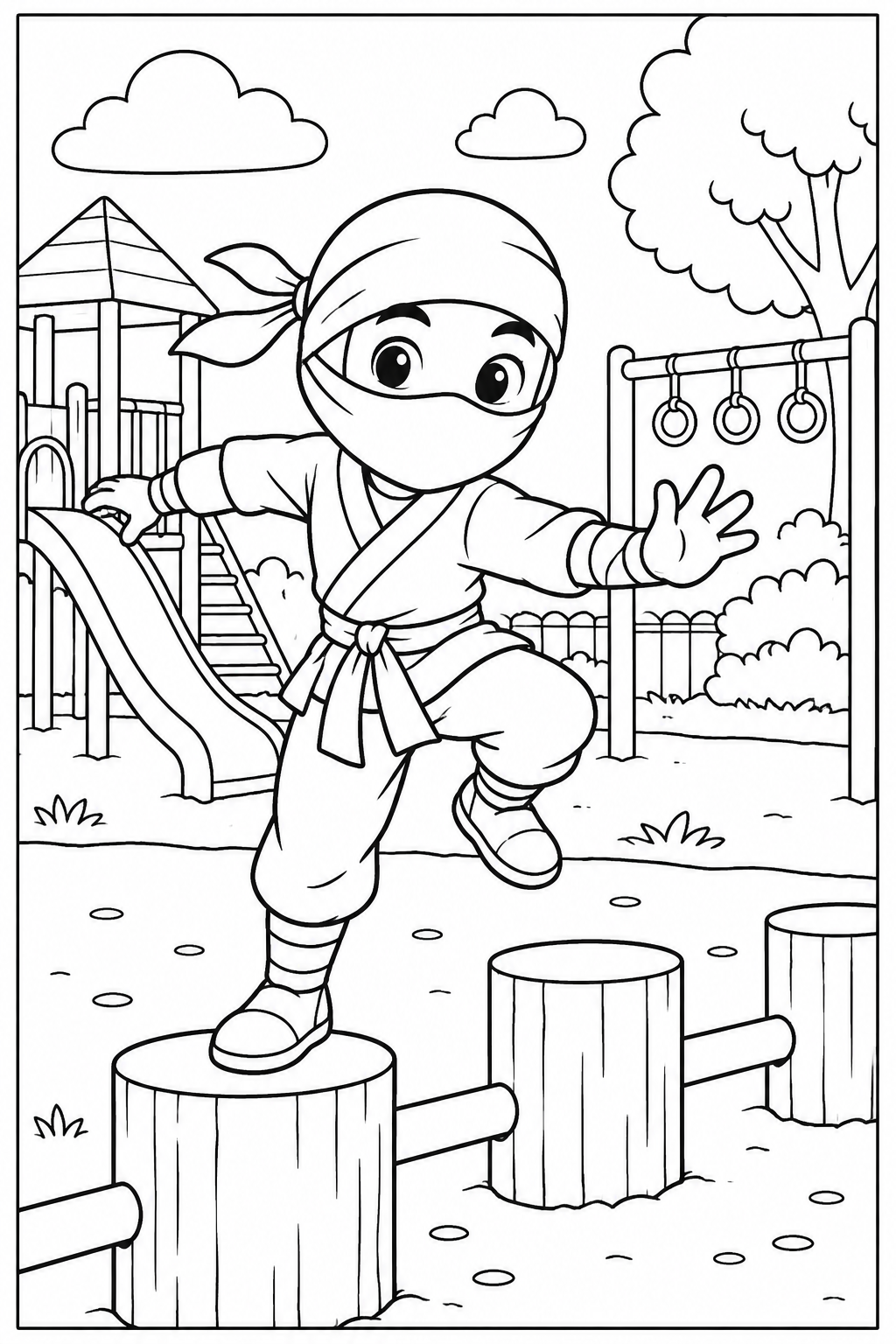 Ninja at the playground — More details — printable coloring page
