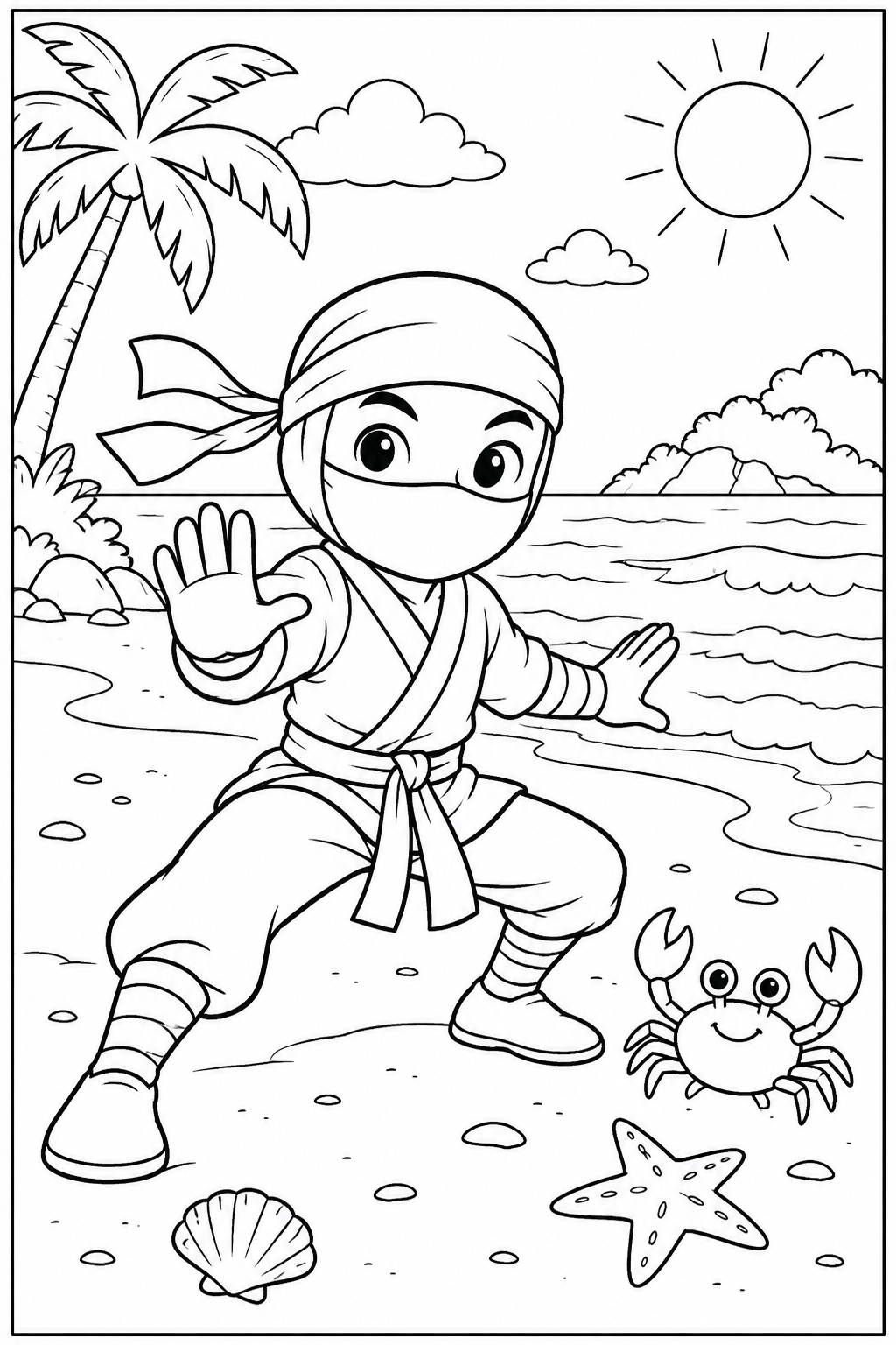 Ninja at the beach — More details — printable coloring page