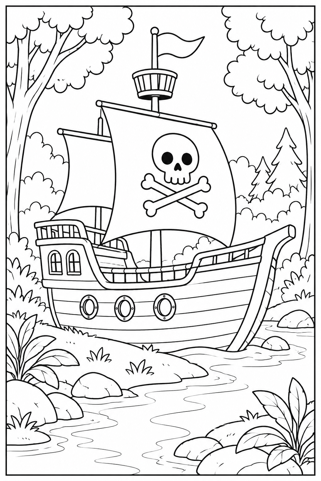 Pirate ship in the forest — More details — printable coloring page