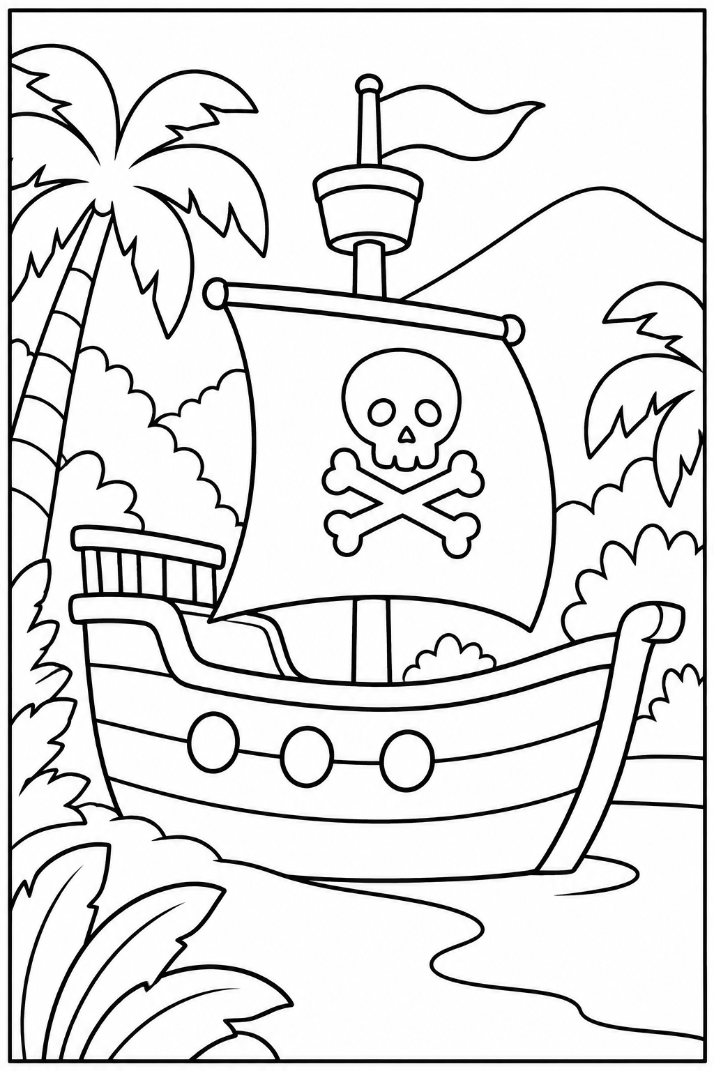 Pirate ship in the jungle — More details — printable coloring page