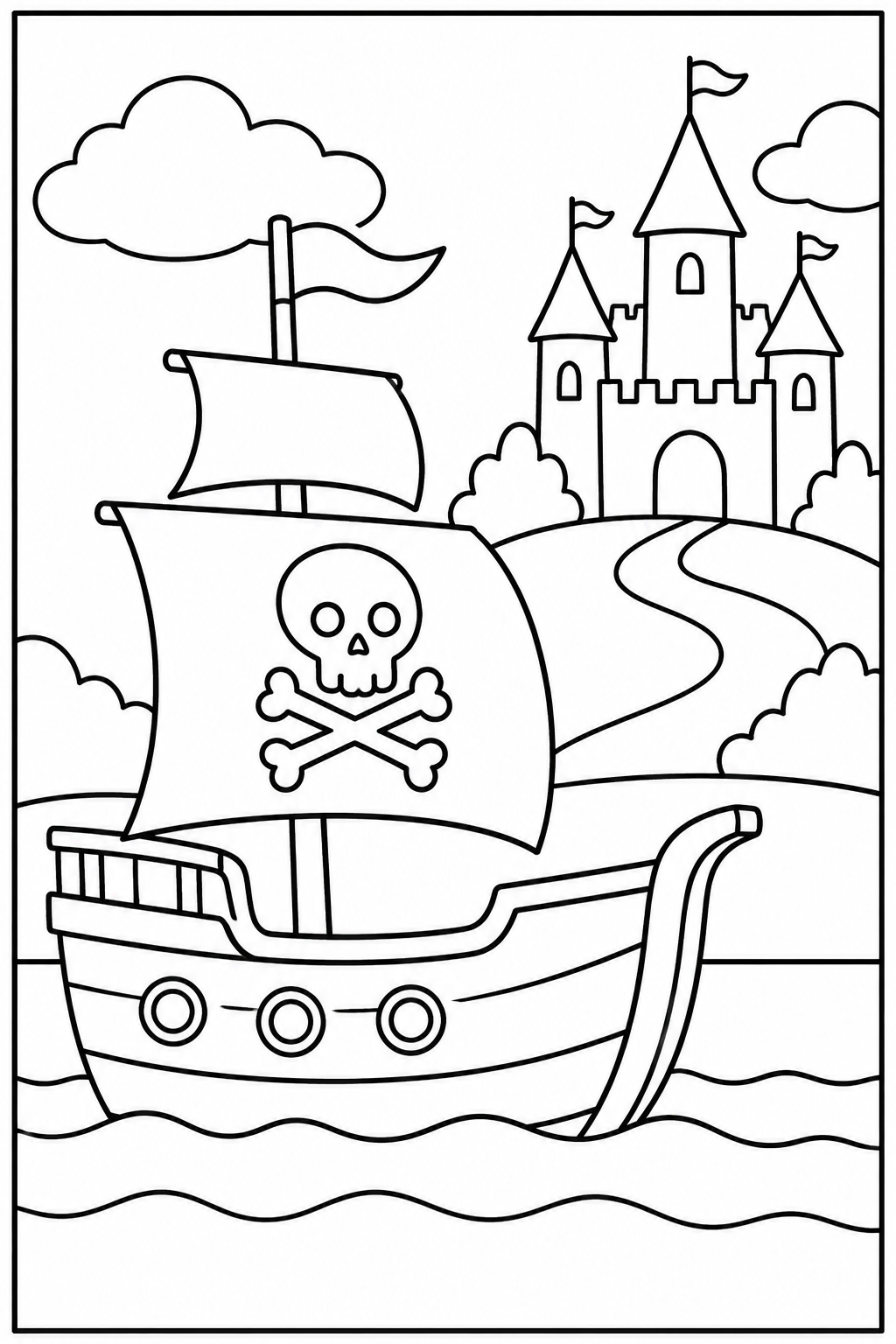 Pirate ship by a castle — More details — printable coloring page