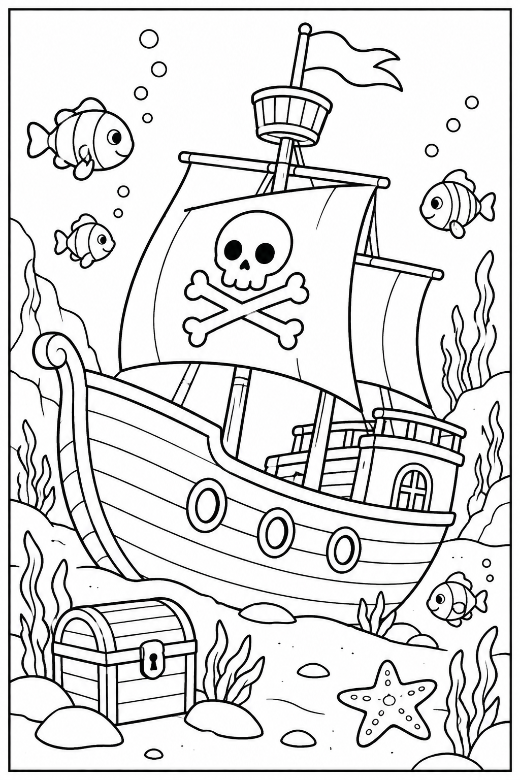Pirate ship under the sea — More details — printable coloring page