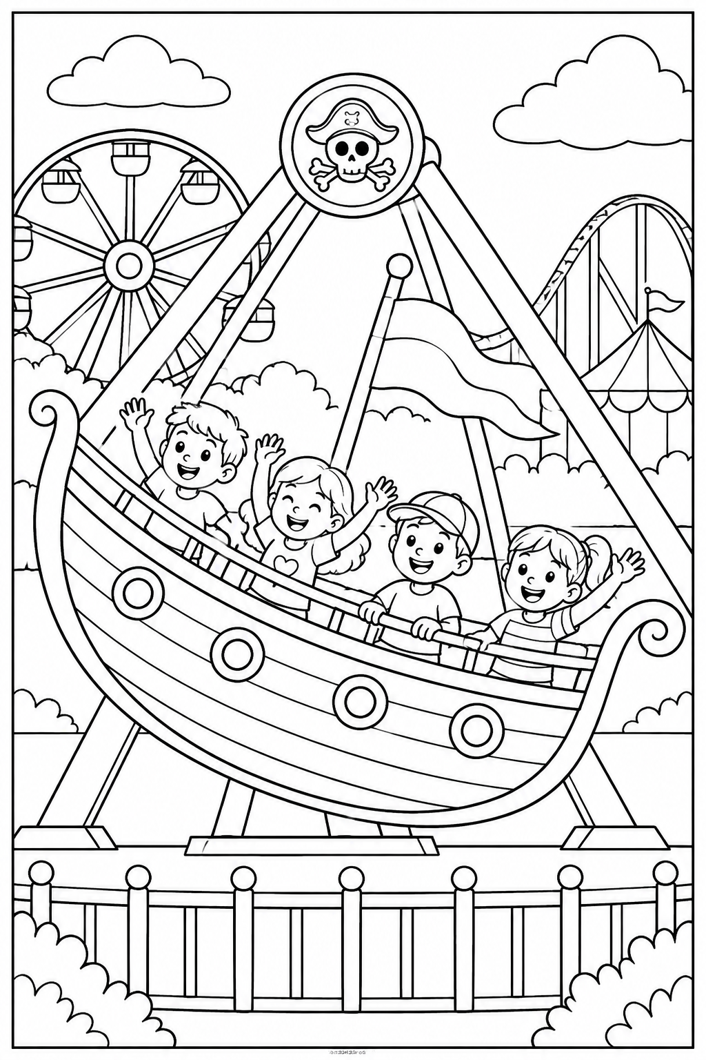 Pirate ship at the amusement park — More details — printable coloring page