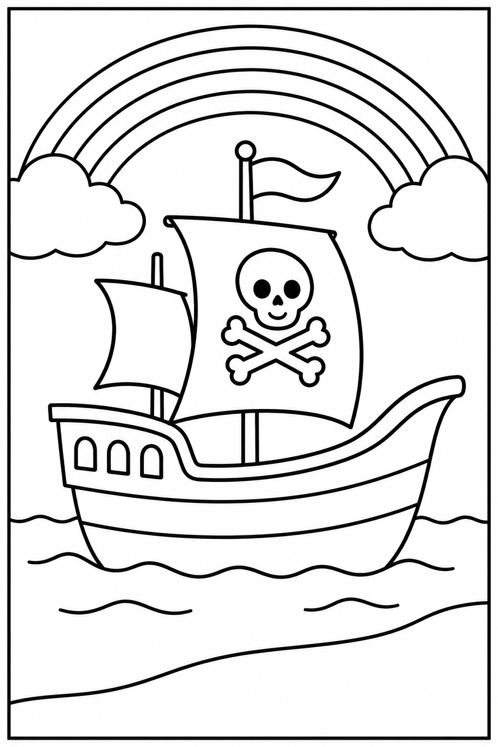 Pirate ship under a rainbow — Large shapes — printable coloring page