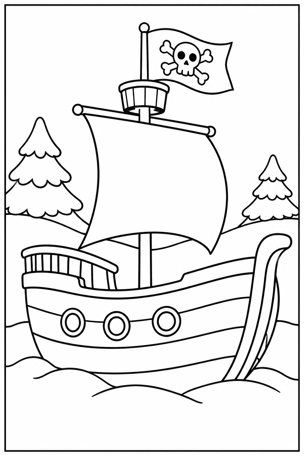 Pirate ship in the snow — More details — printable coloring page