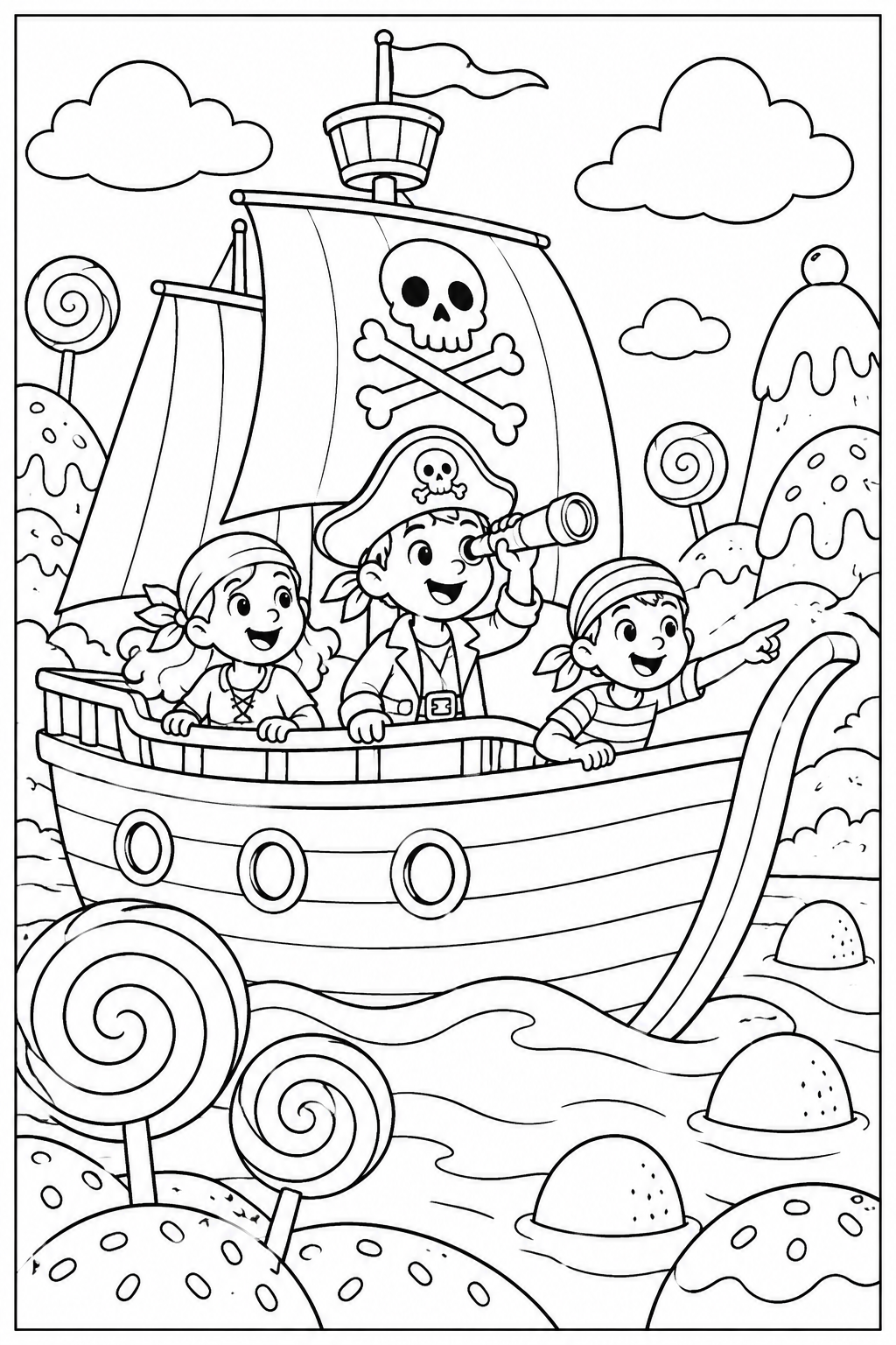 Pirate ship in candy land — More details — printable coloring page