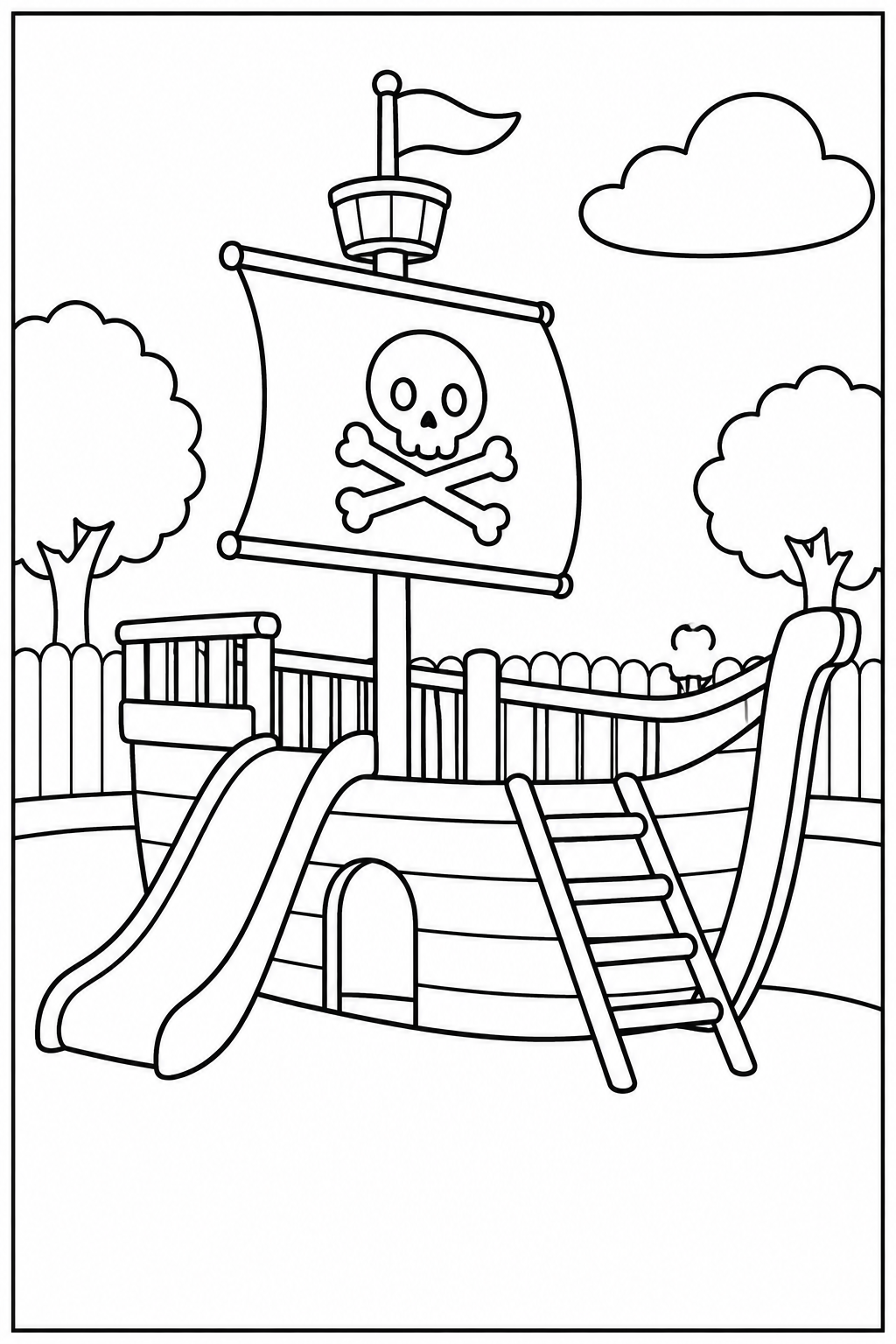 Pirate ship at the playground — More details — printable coloring page
