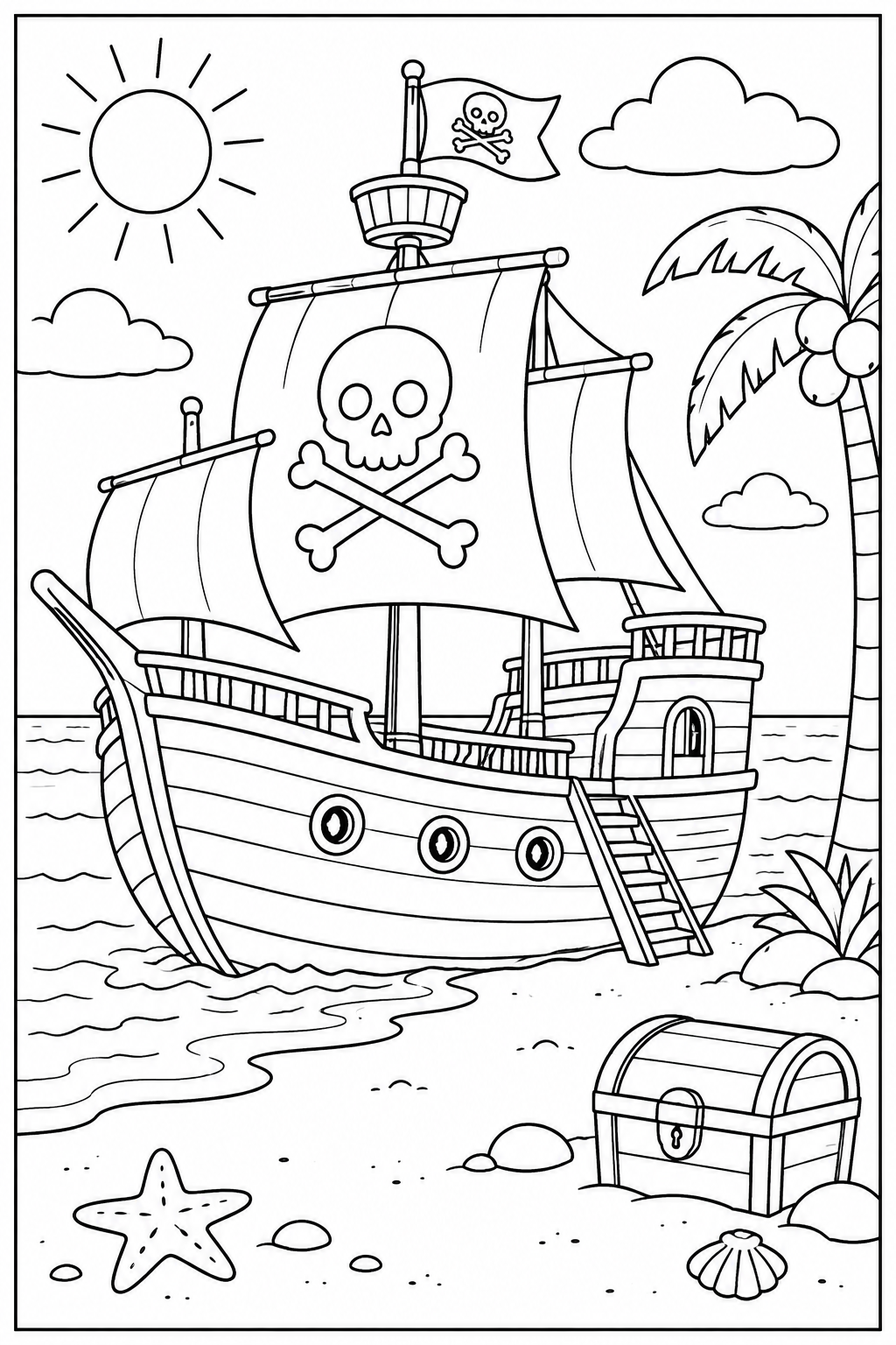 Pirate ship at the beach — More details — printable coloring page