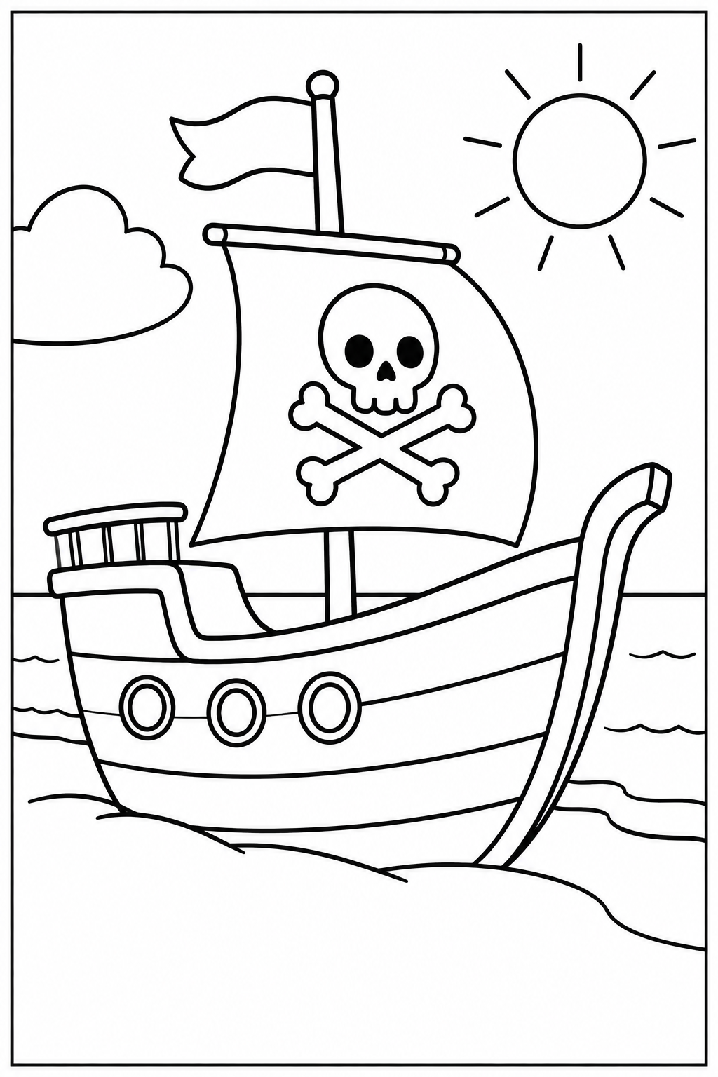 Pirate ship at the beach — Large shapes — printable coloring page