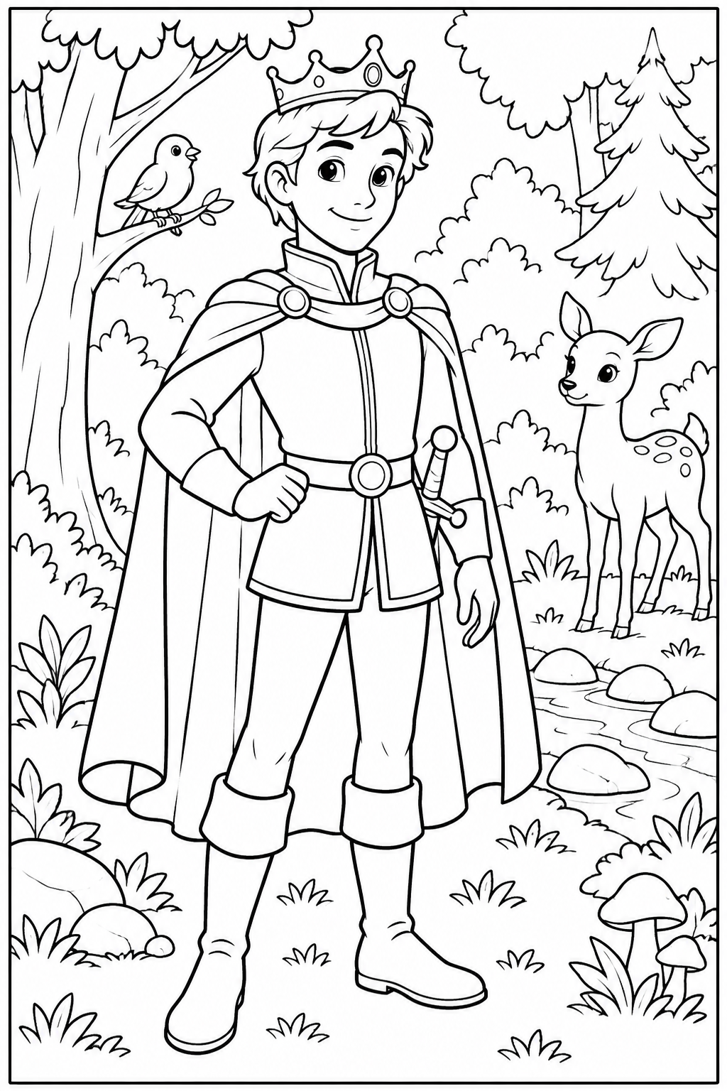 Prince in the forest — More details — printable coloring page