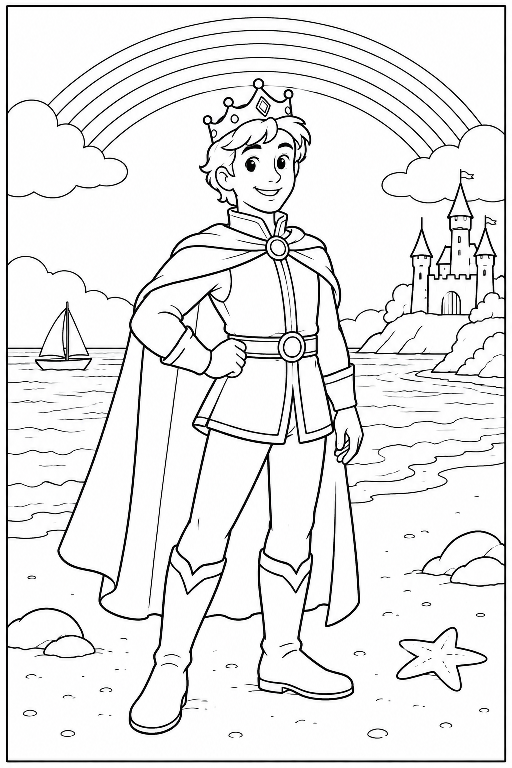 Prince under a rainbow — More details — printable coloring page