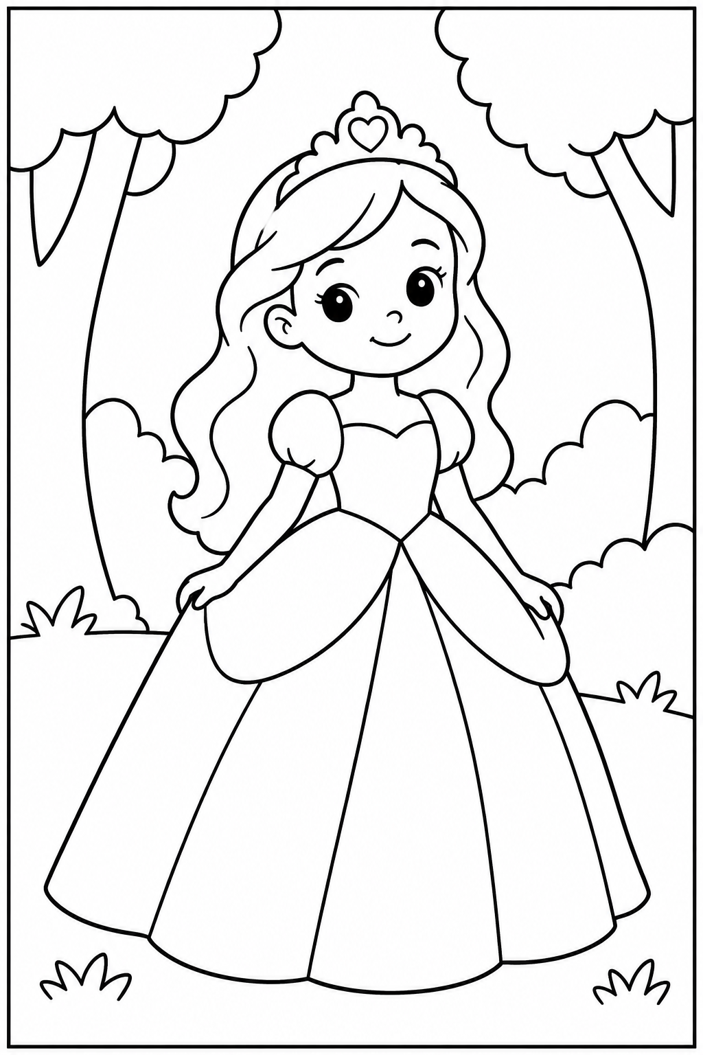 Princess in the forest — Large shapes — printable coloring page