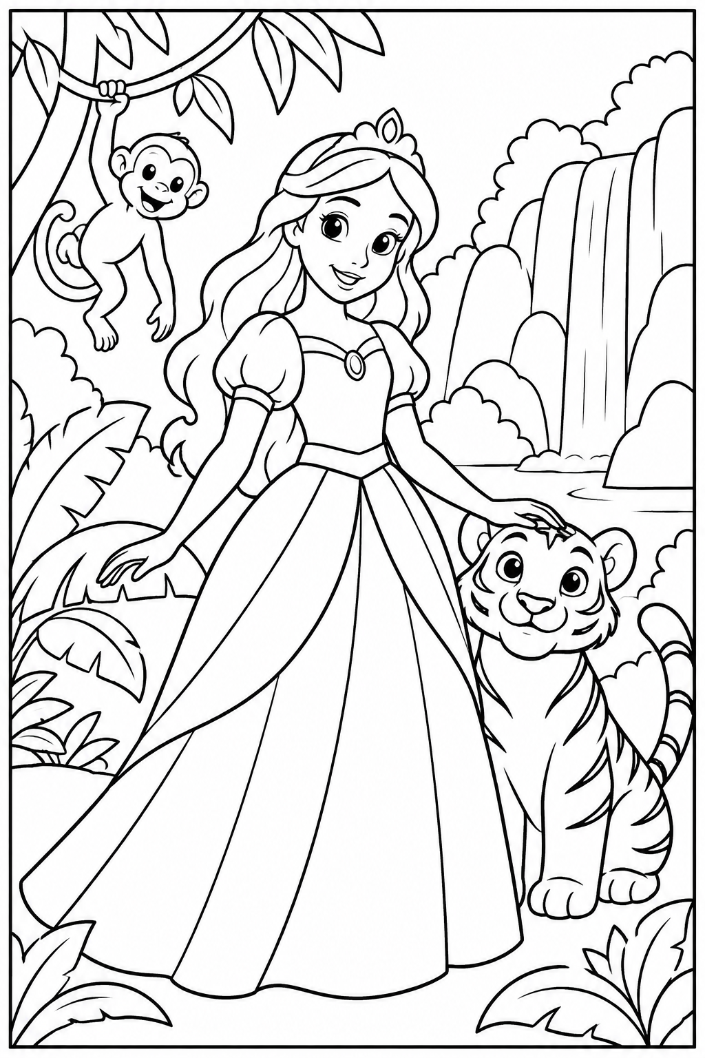 Princess in the jungle — More details — printable coloring page