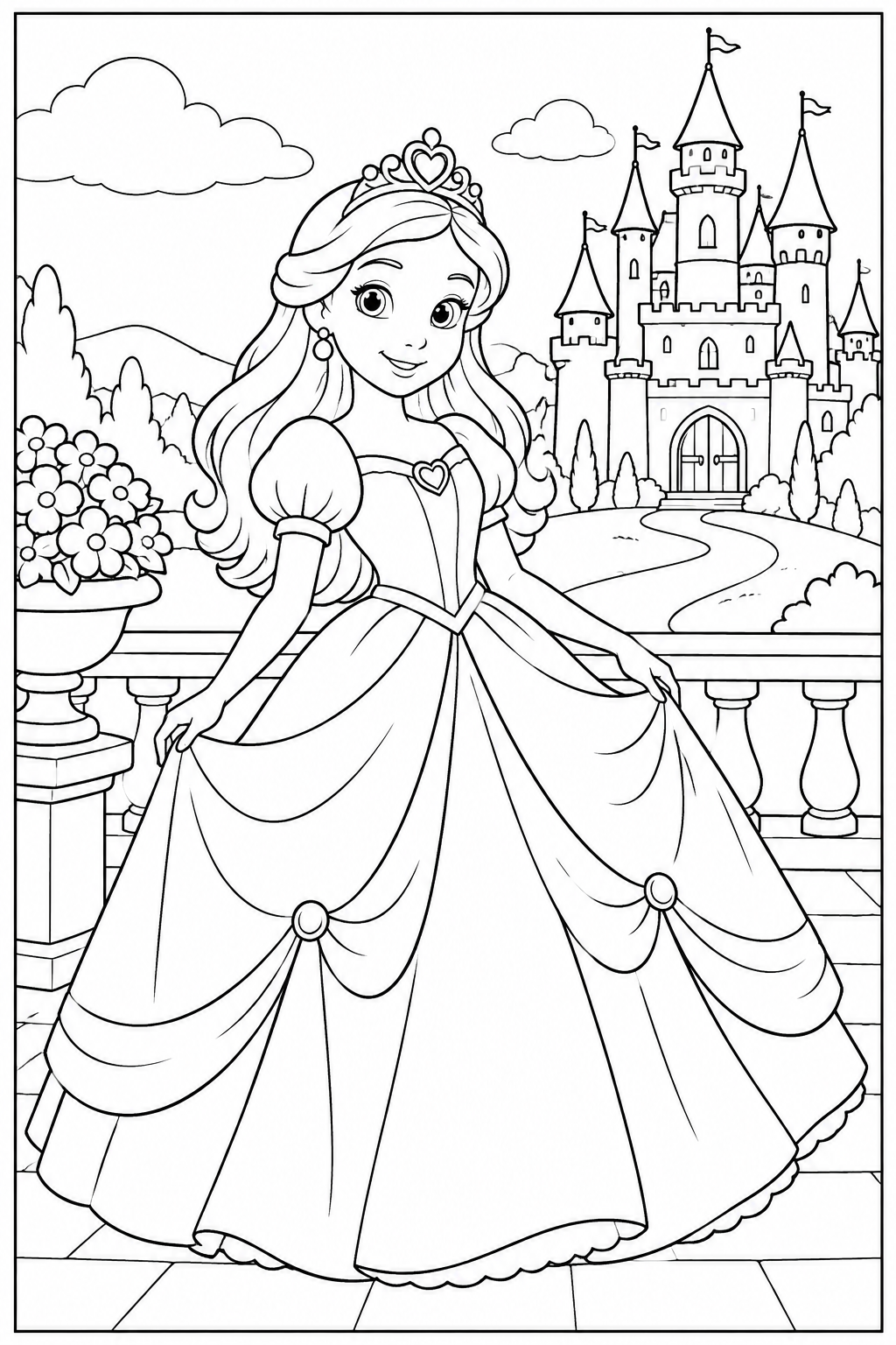 Princess by a castle — More details — printable coloring page