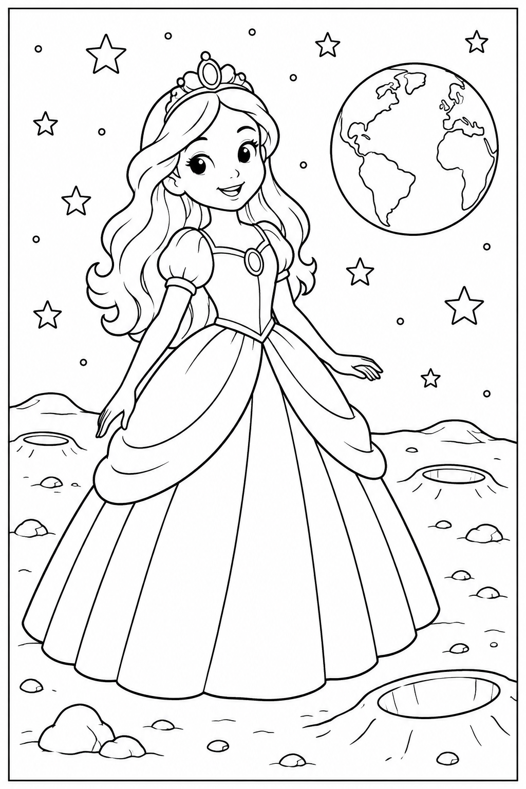 Princess on the moon — More details — printable coloring page