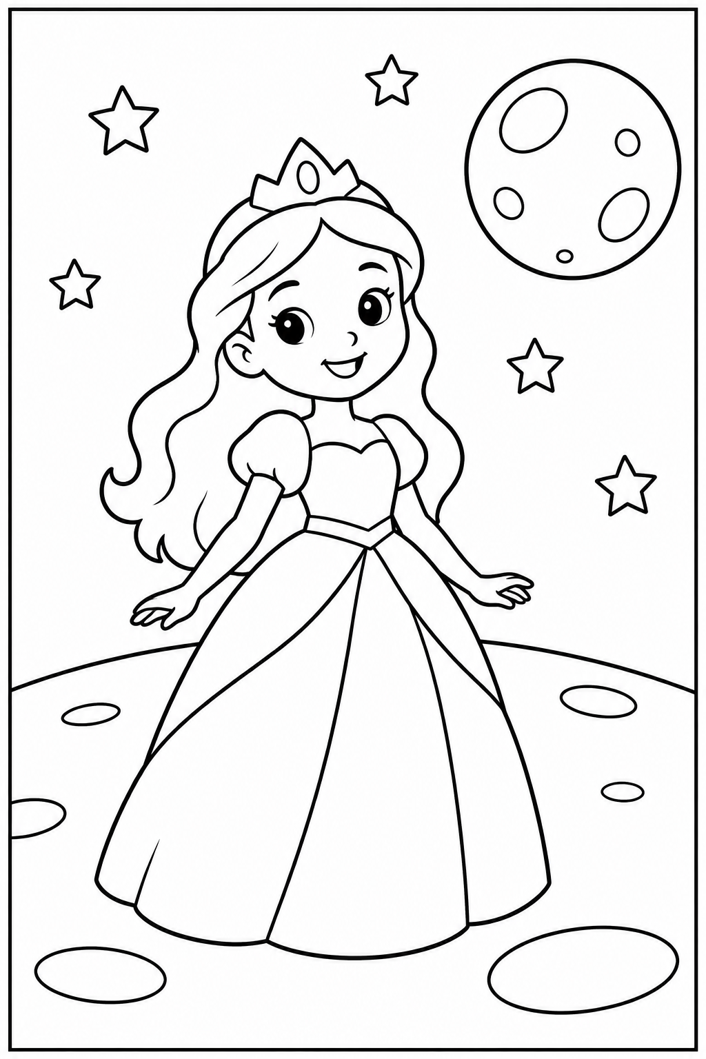 Princess on the moon — Large shapes — printable coloring page