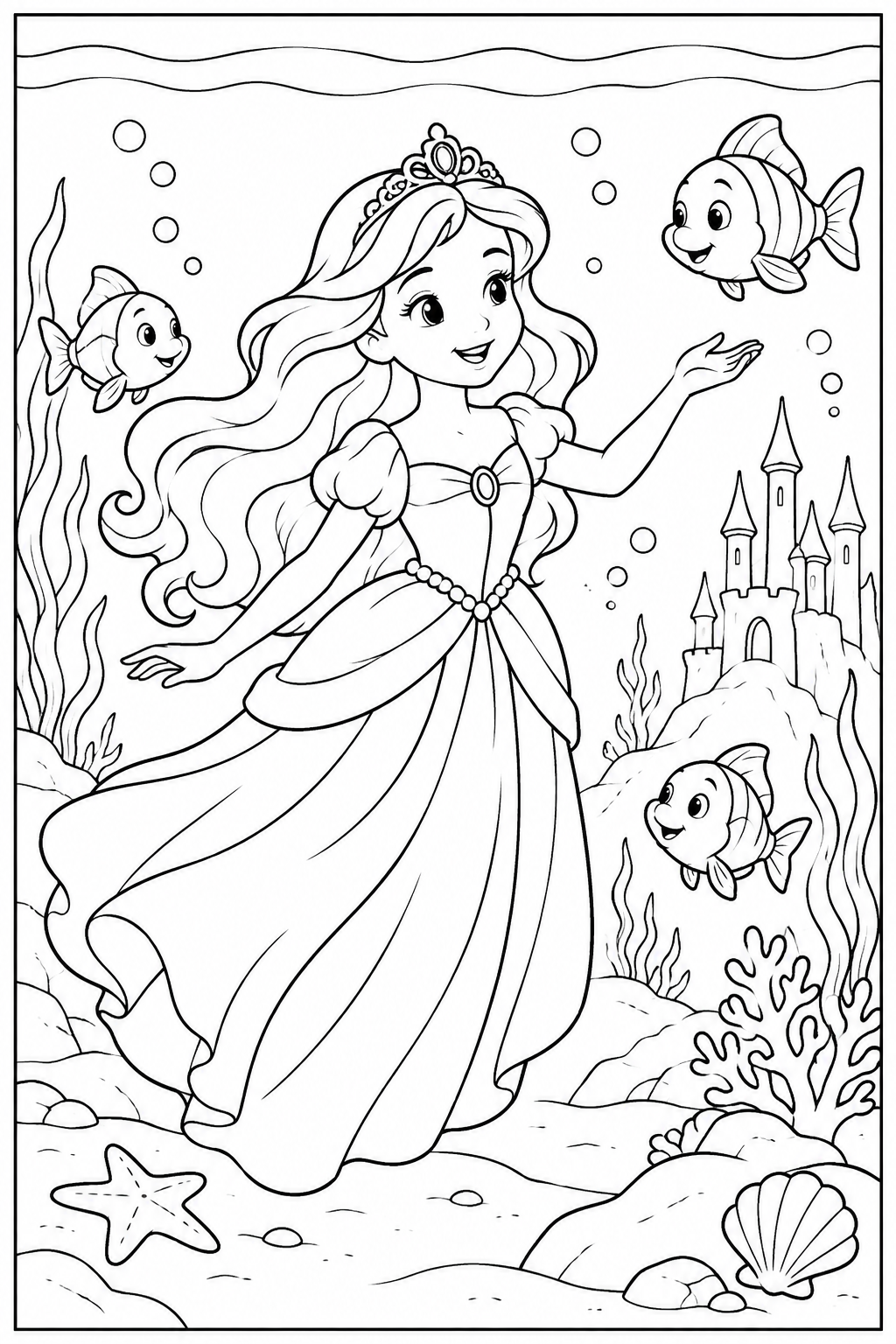 Princess under the sea — More details — printable coloring page