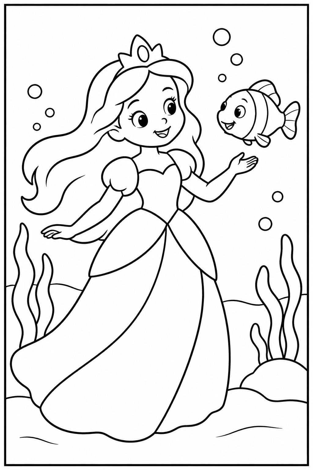 Princess under the sea — Large shapes — printable coloring page