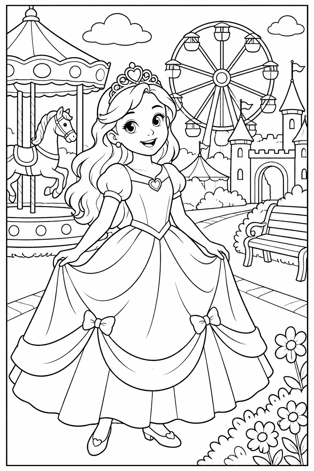 Princess at the amusement park — More details — printable coloring page