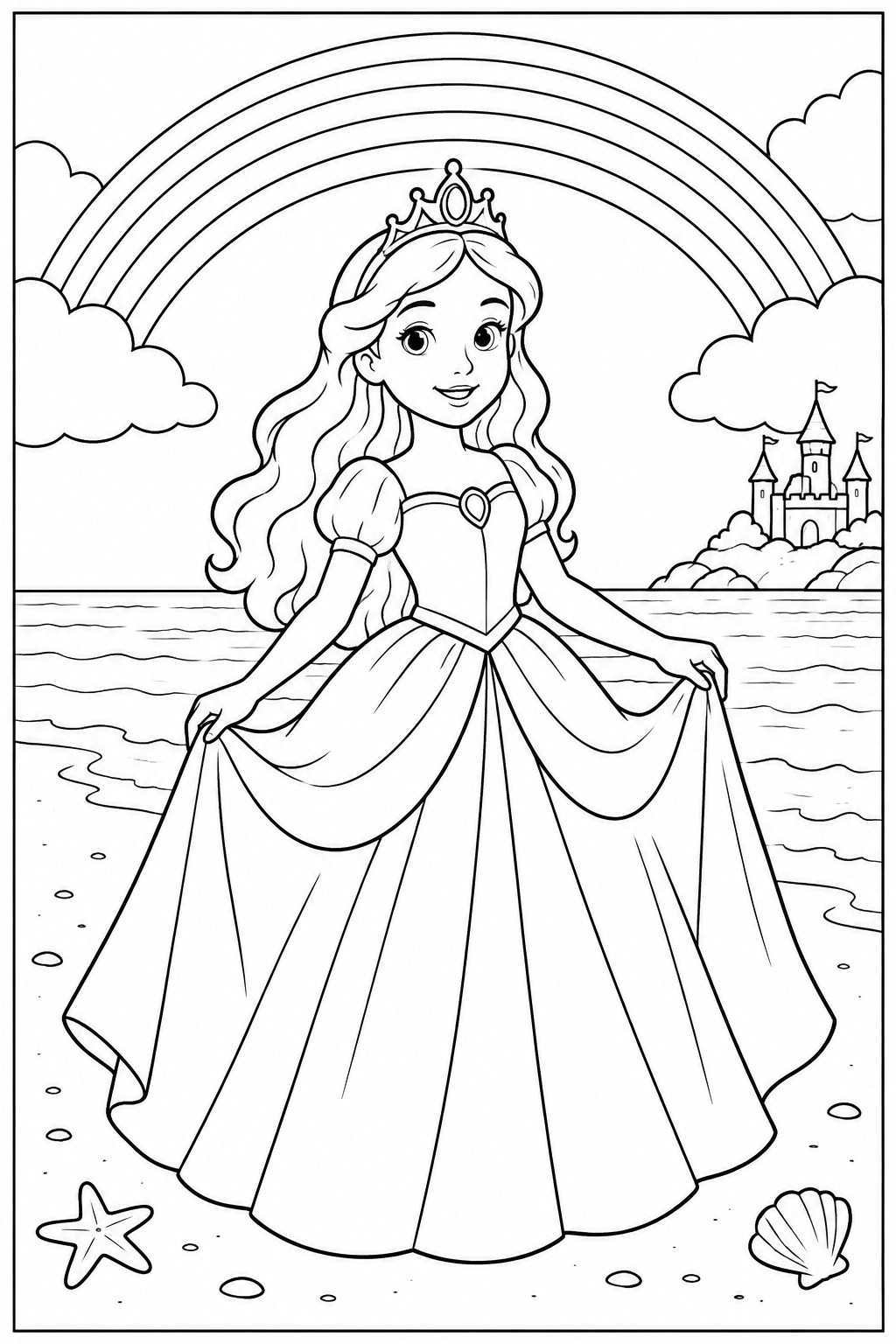 Princess under a rainbow — More details — printable coloring page