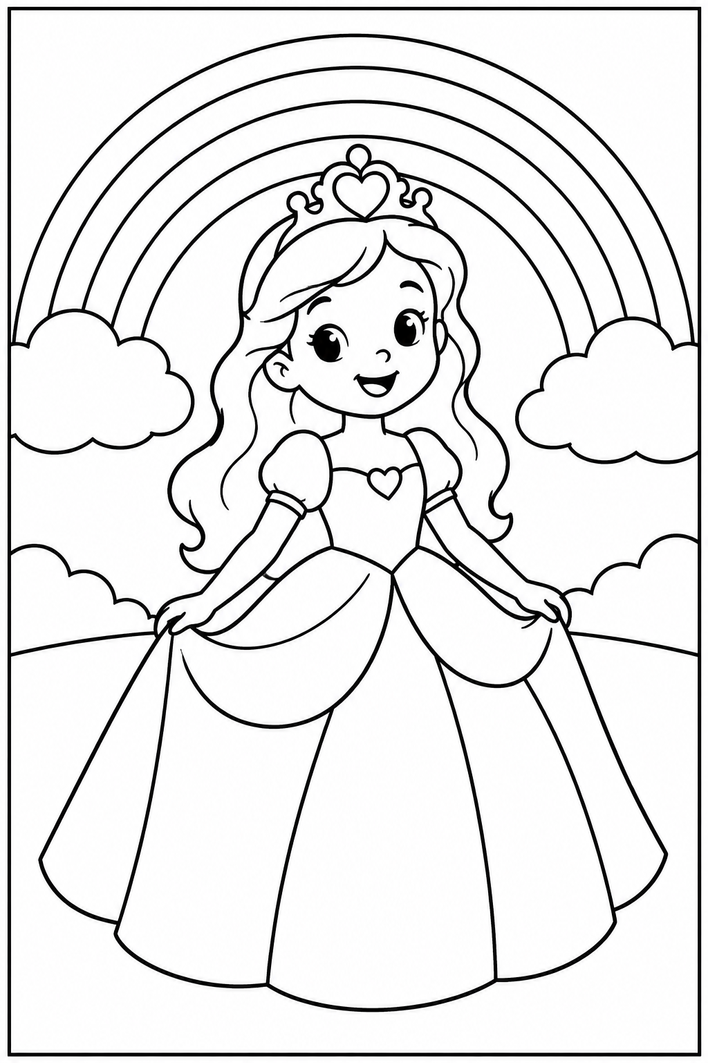 Princess under a rainbow — Large shapes — printable coloring page
