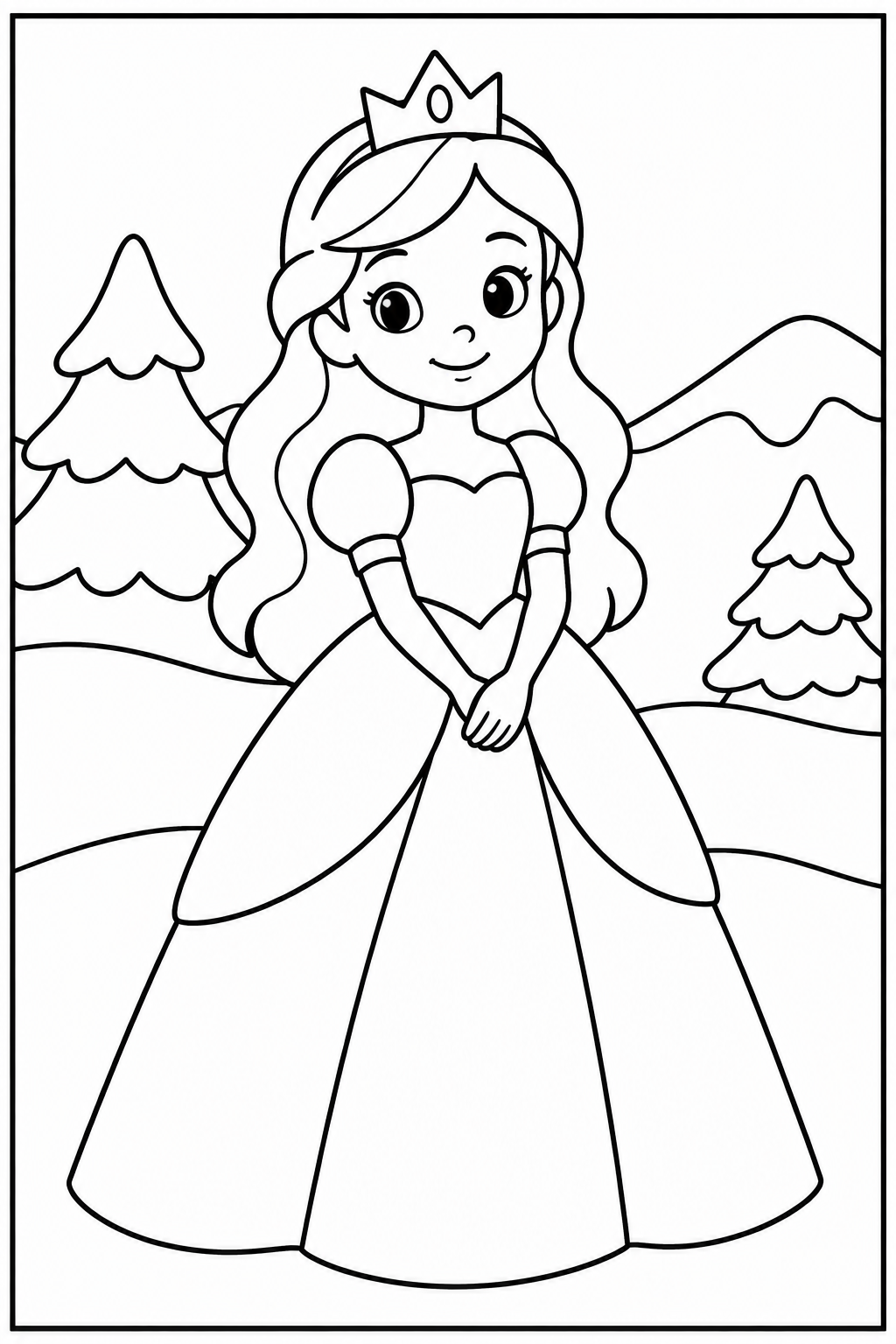 Princess in the snow — More details — printable coloring page