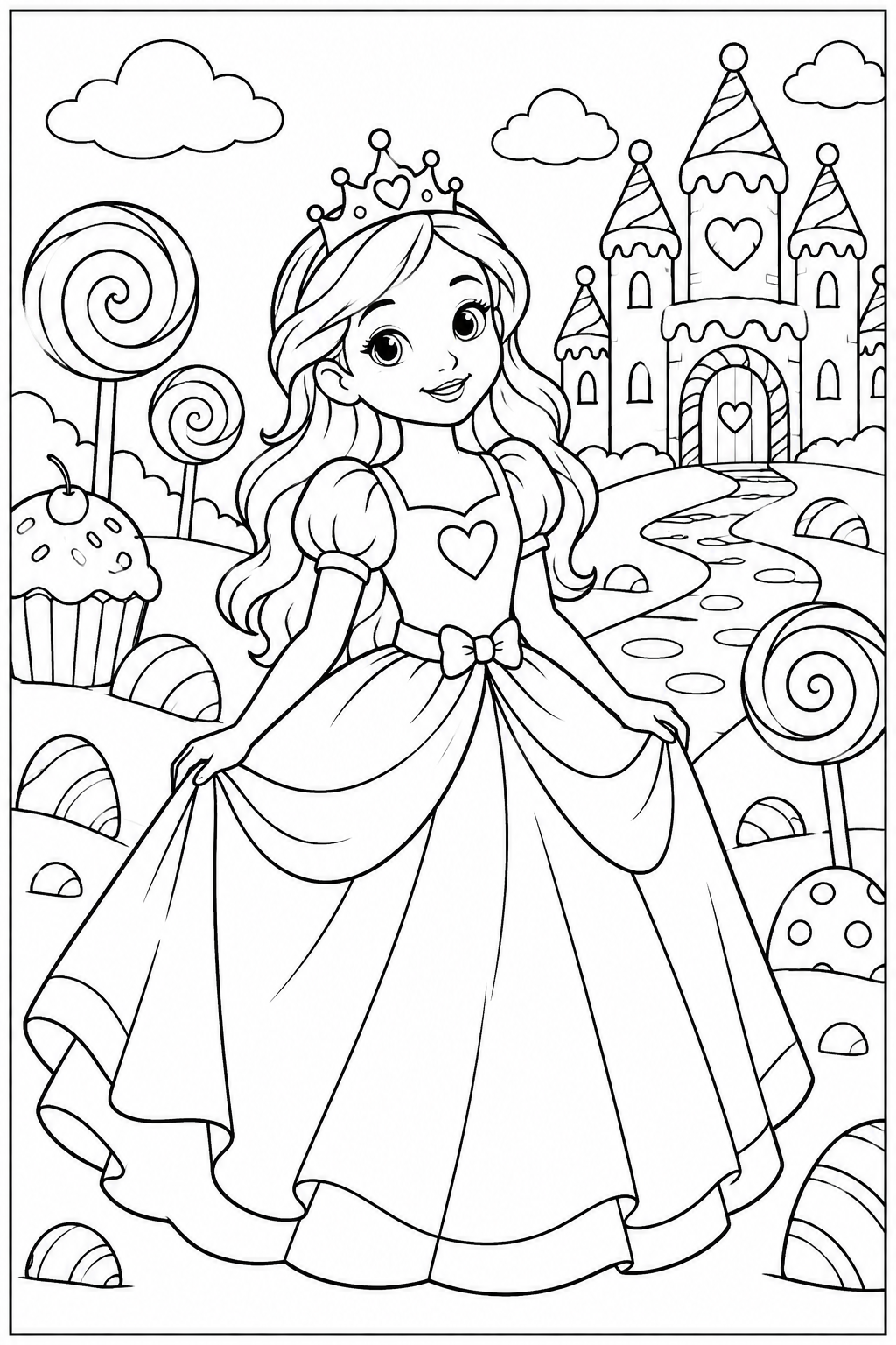 Princess in candy land — More details — printable coloring page