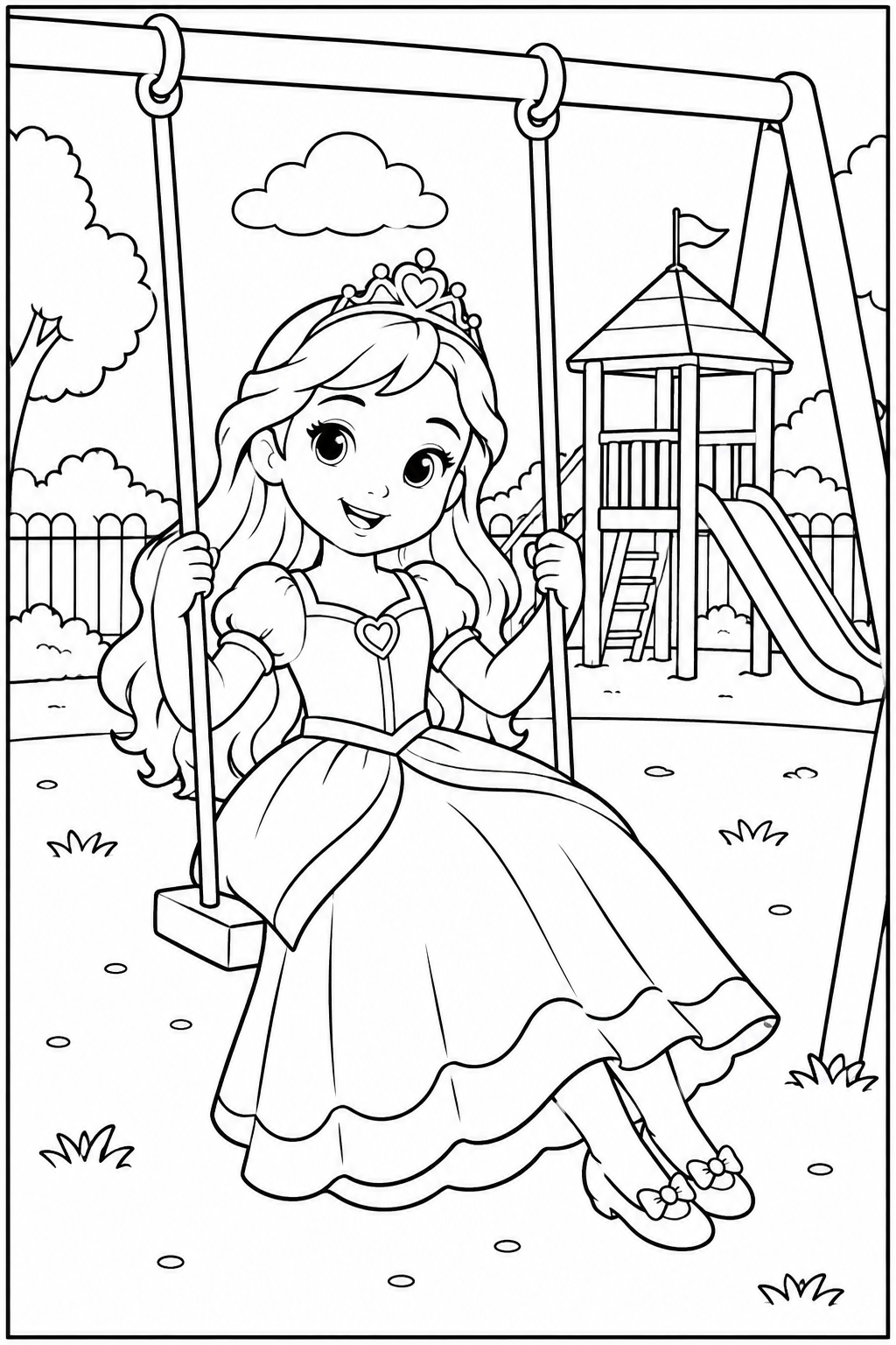 Princess at the playground — More details — printable coloring page