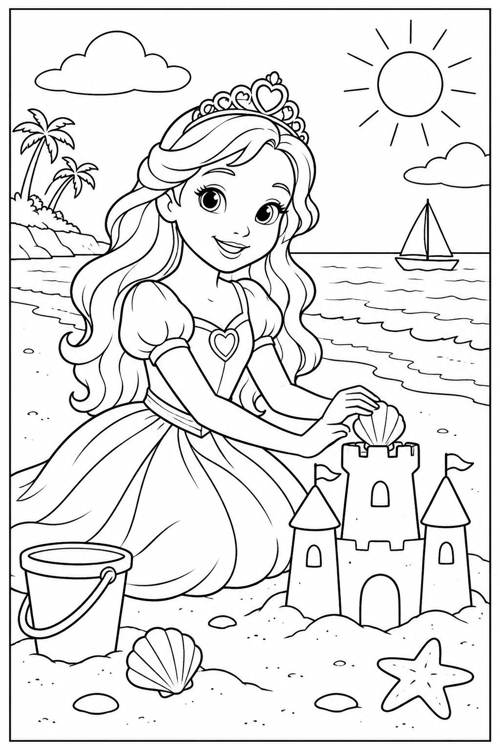 Princess at the beach — More details — printable coloring page