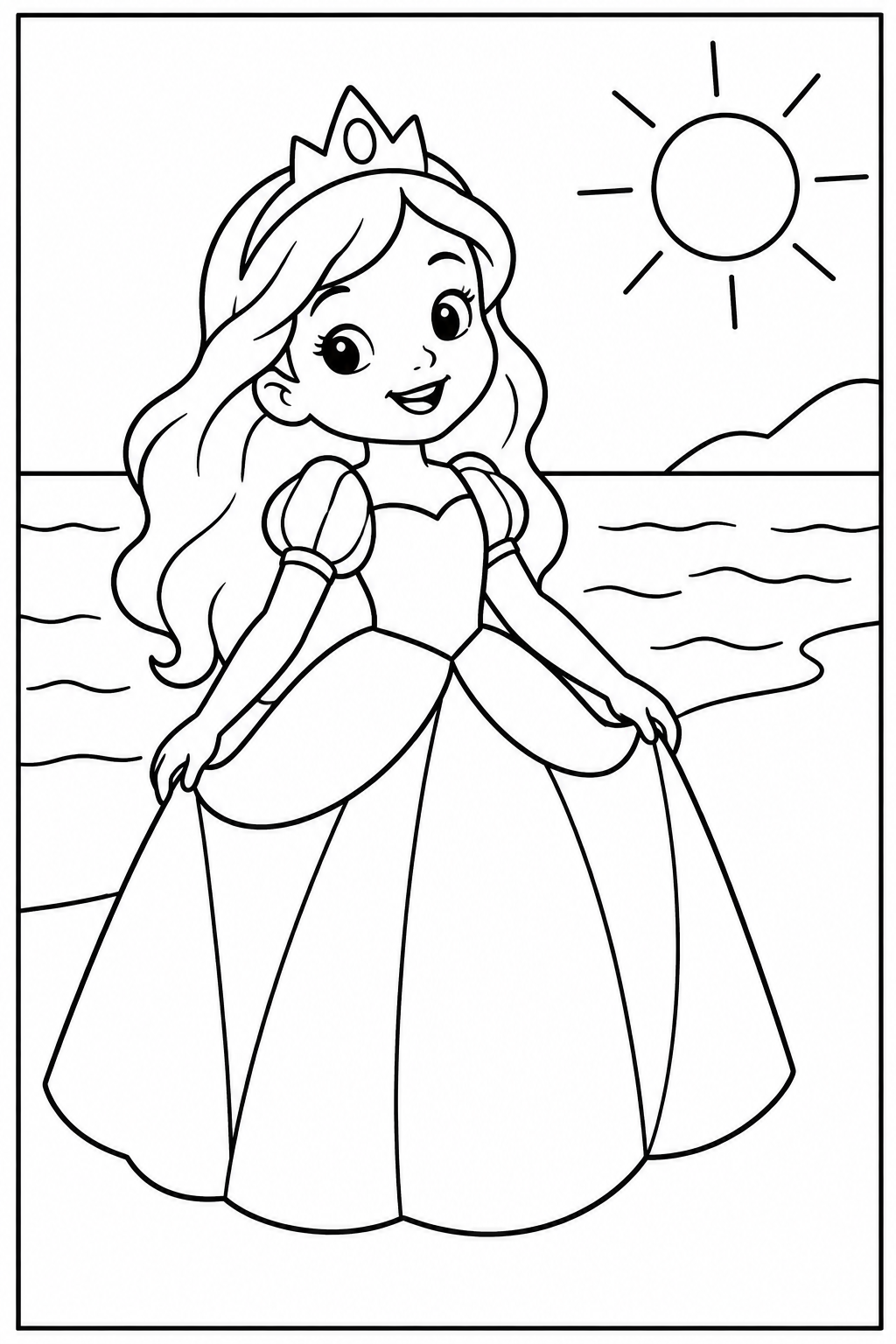 Princess at the beach — Large shapes — printable coloring page