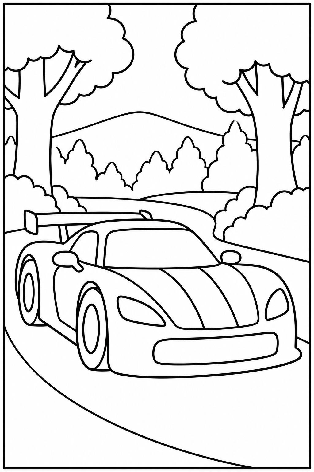 Race car in the forest — More details — printable coloring page