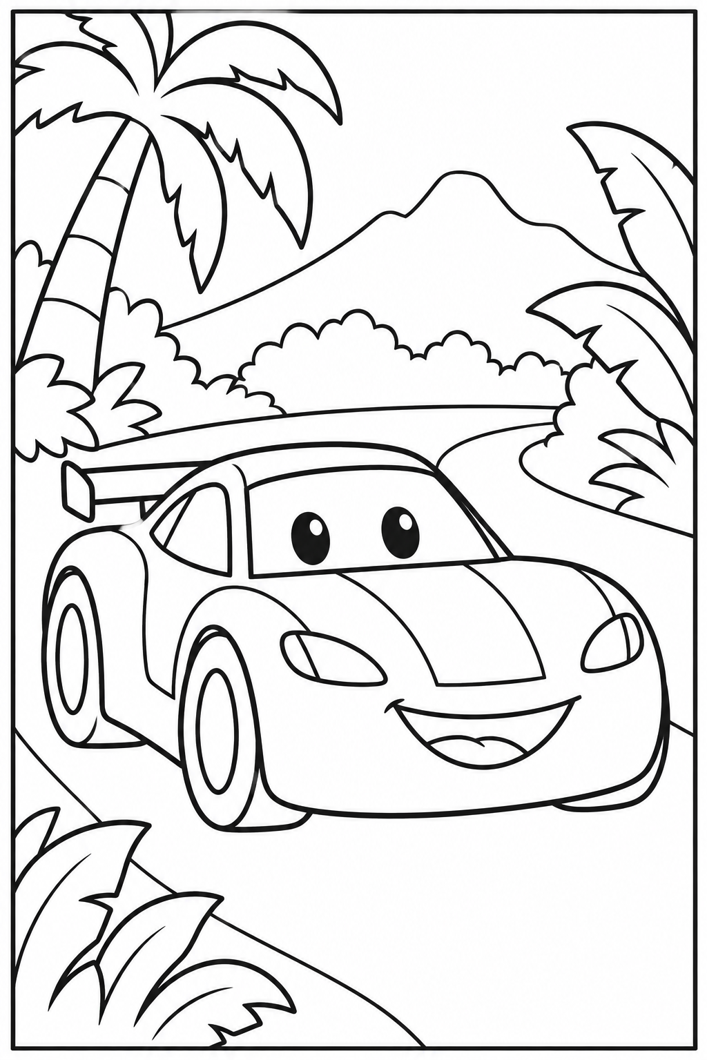 Race car in the jungle — More details — printable coloring page