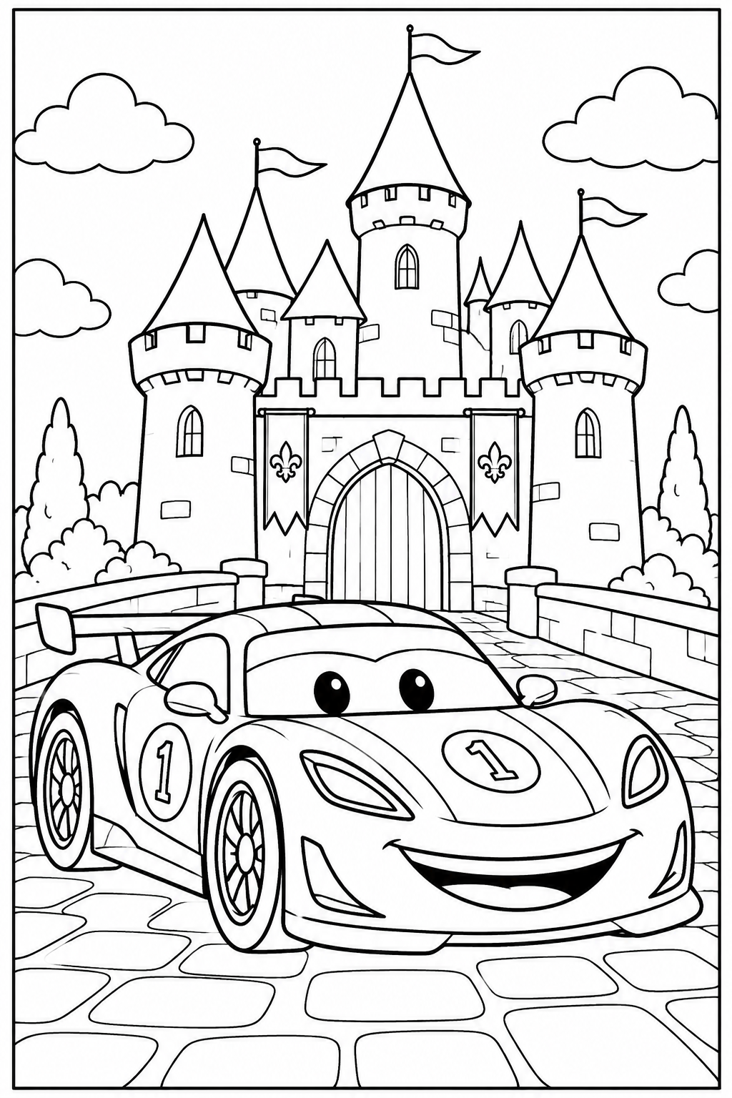 Race car by a castle — More details — printable coloring page