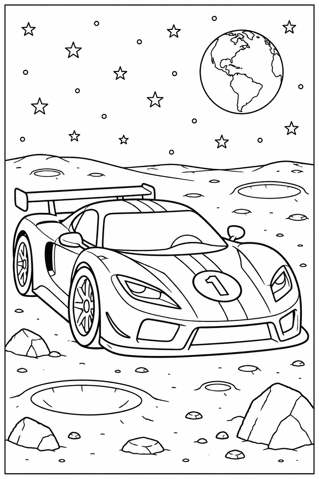 Race car on the moon — More details — printable coloring page