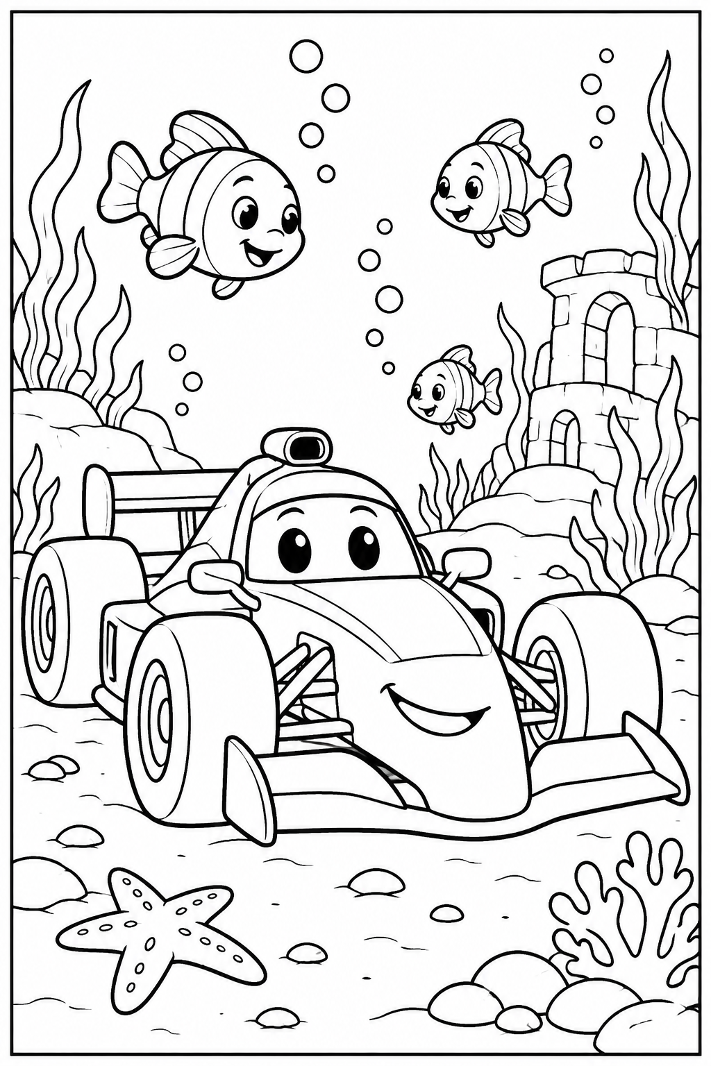 Race car under the sea — More details — printable coloring page