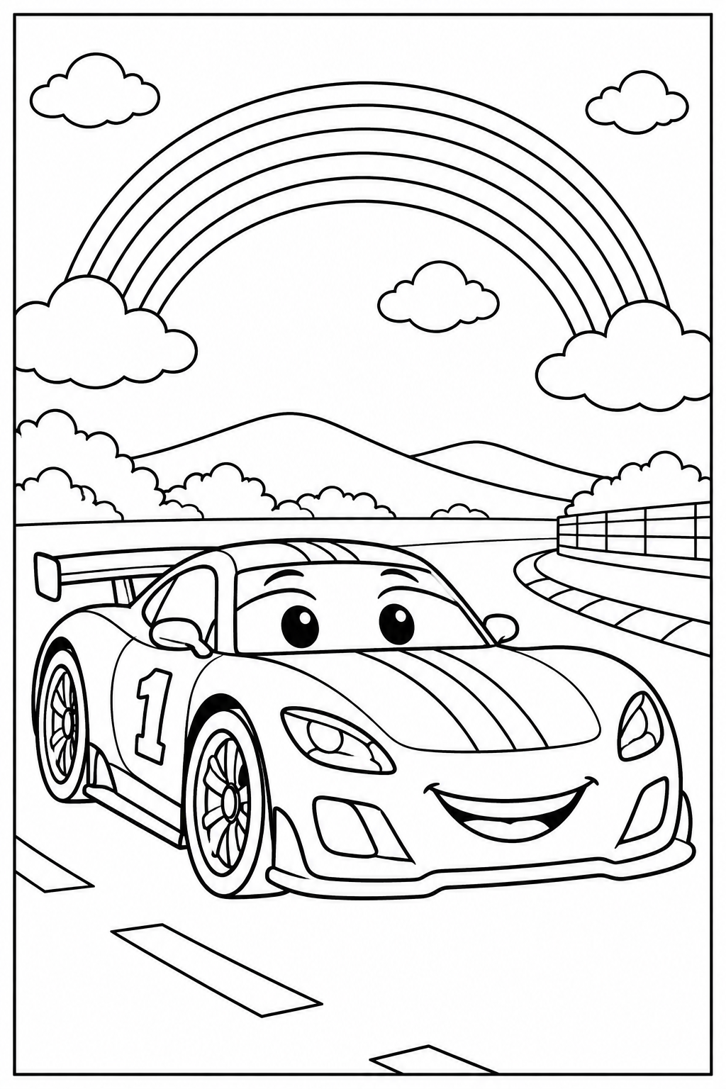 Race car under a rainbow — More details — printable coloring page