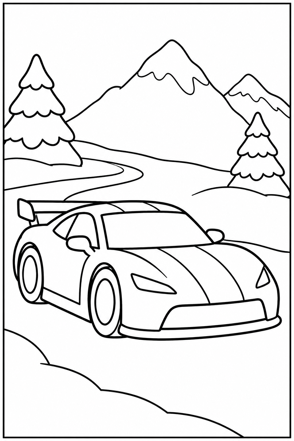 Race car in the snow — More details — printable coloring page