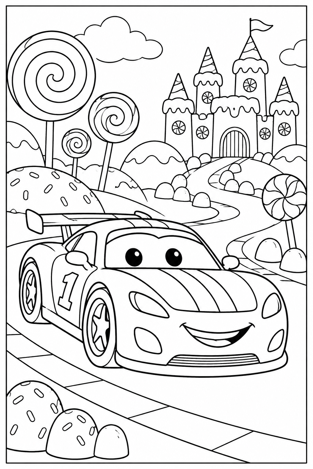 Race car in candy land — More details — printable coloring page