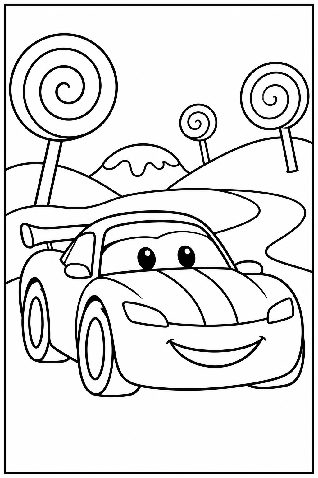Race car in candy land — Large shapes — printable coloring page