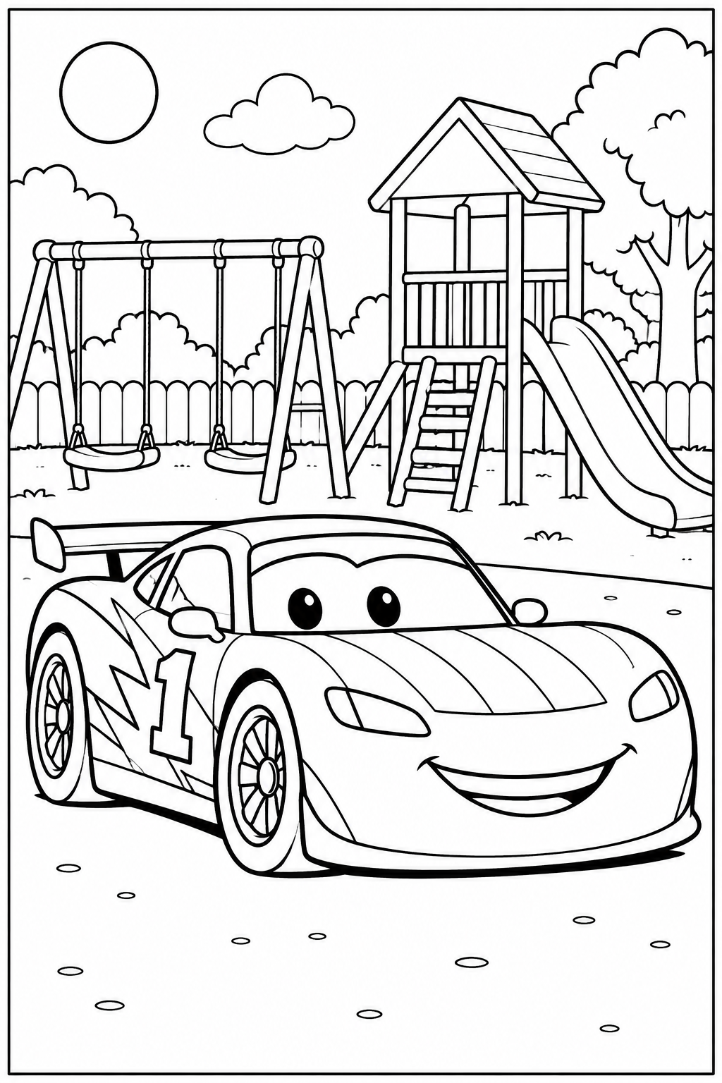 Race car at the playground — More details — printable coloring page