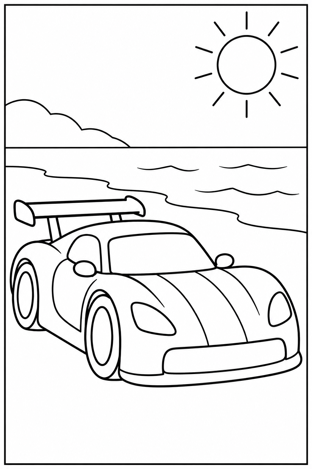 Race car at the beach — Large shapes — printable coloring page