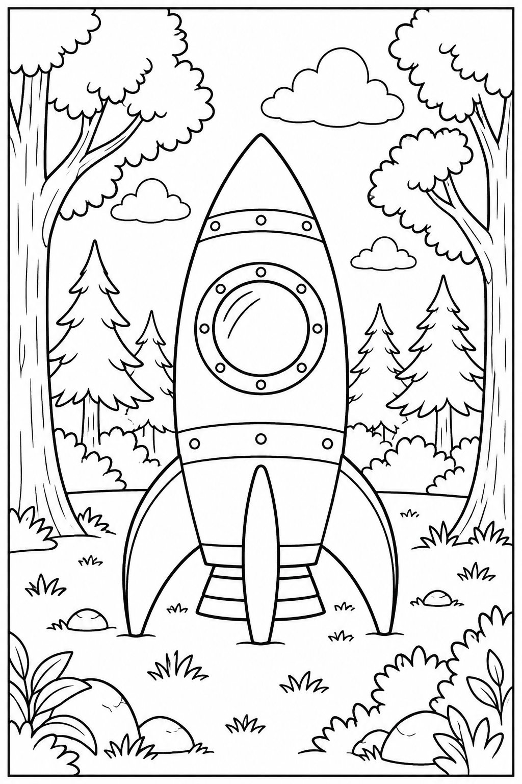 Rocket in the forest — More details — printable coloring page