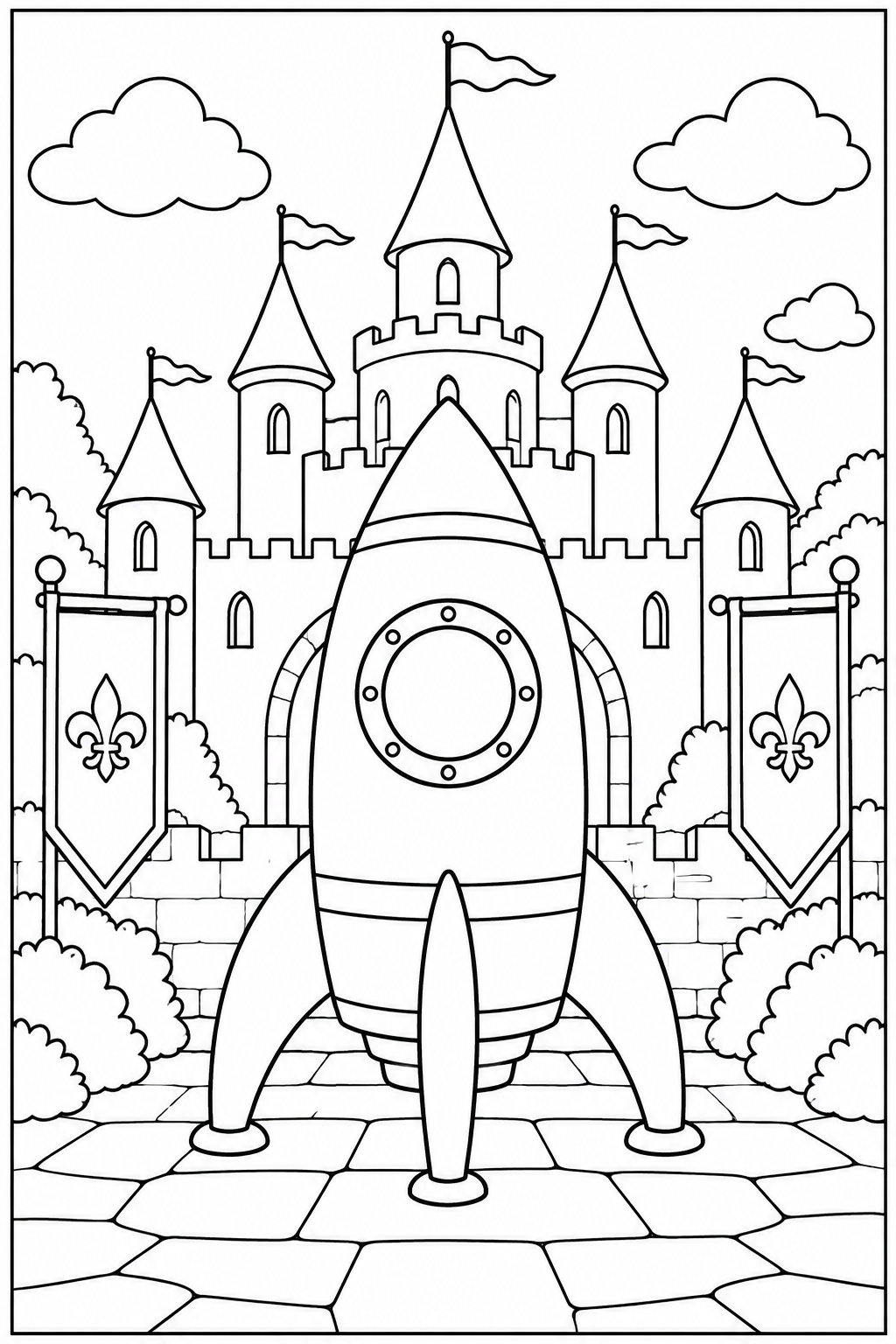 Rocket by a castle — More details — printable coloring page