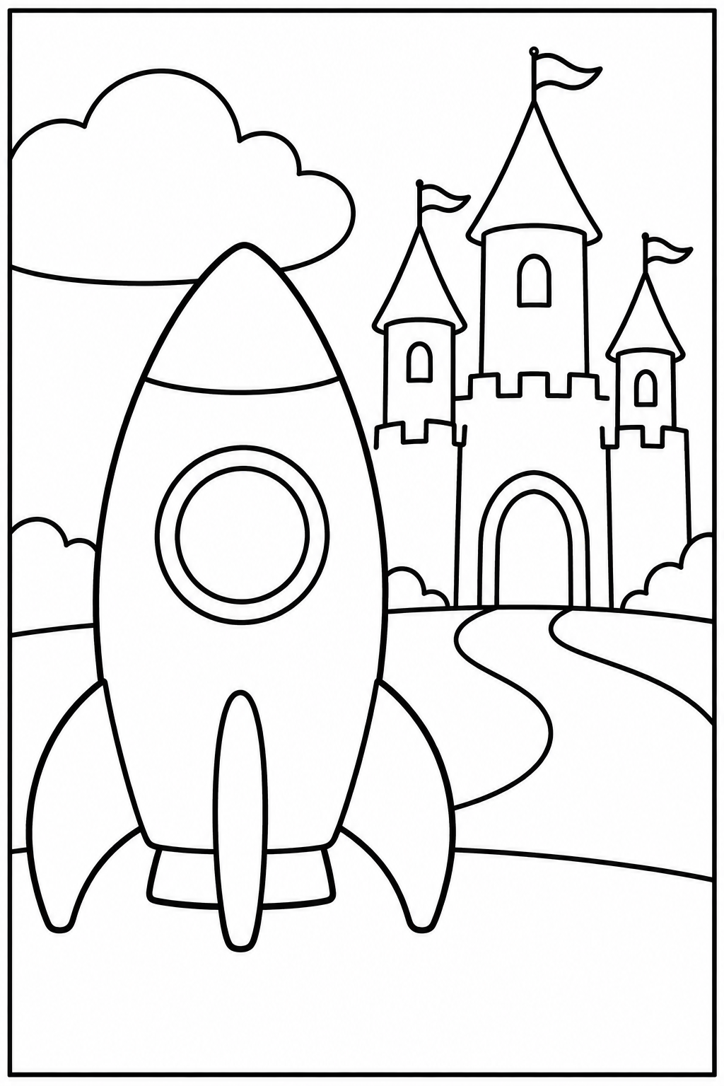 Rocket by a castle — Large shapes — printable coloring page