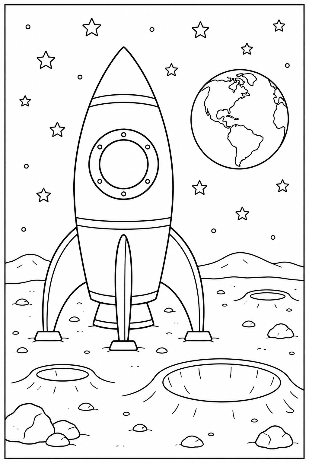 Rocket on the moon — More details — printable coloring page