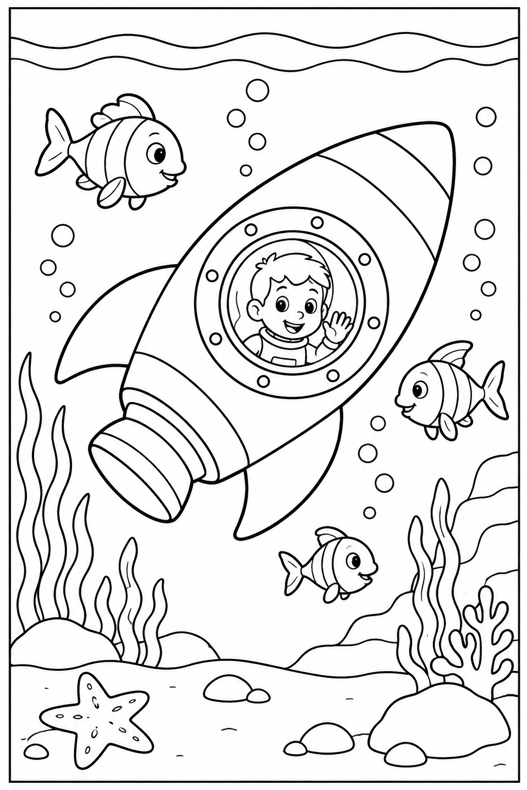 Rocket under the sea — More details — printable coloring page