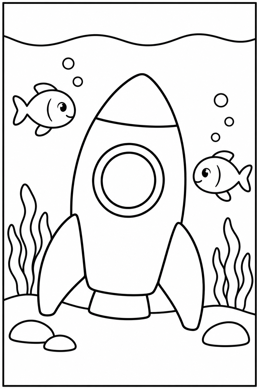 Rocket under the sea — Large shapes — printable coloring page