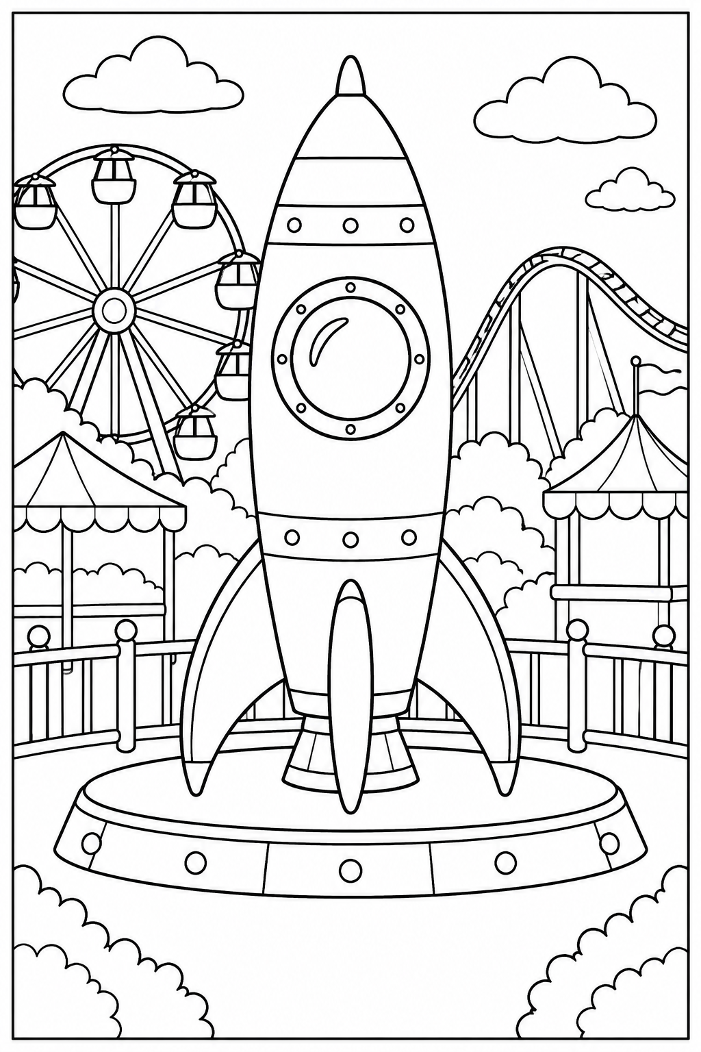 Rocket at the amusement park — More details — printable coloring page