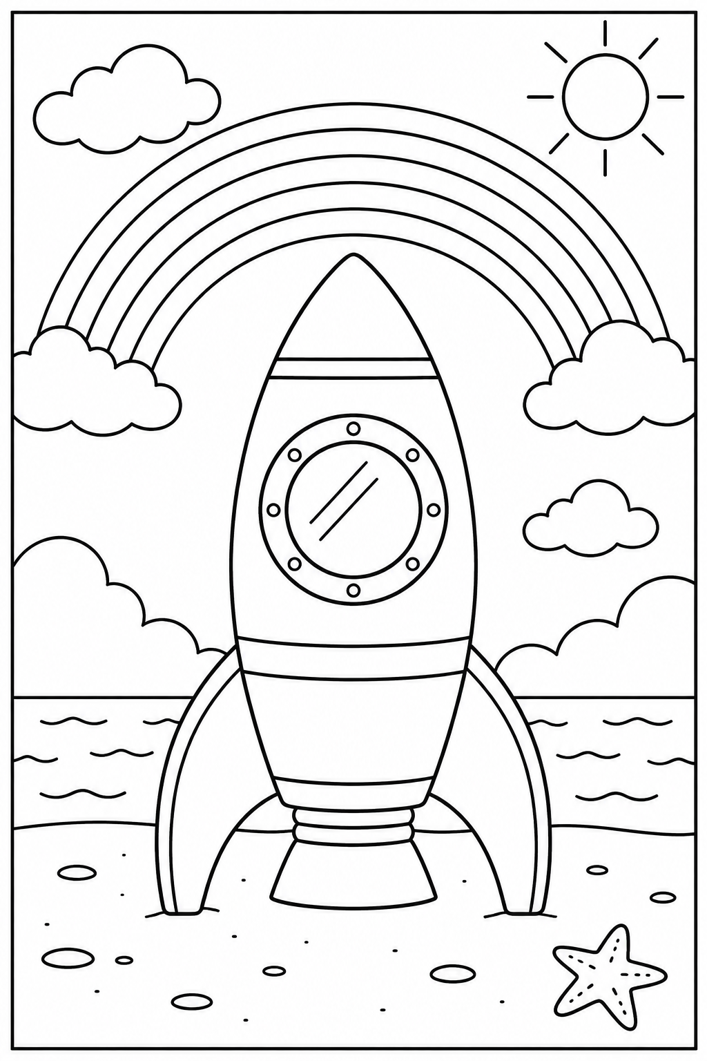 Rocket under a rainbow — More details — printable coloring page